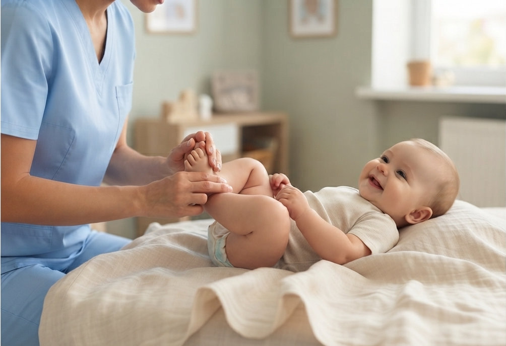 Sesión de fisioterapia pediátrica con un bebé de 0 a 3 años