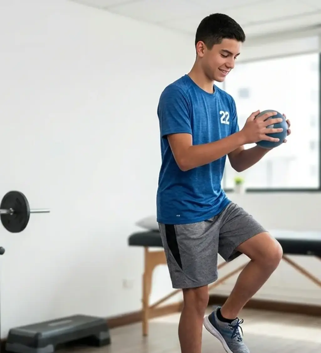 Adolescente en sesión de fisioterapia trabajando la postura y la actividad física con un balón medicinal.